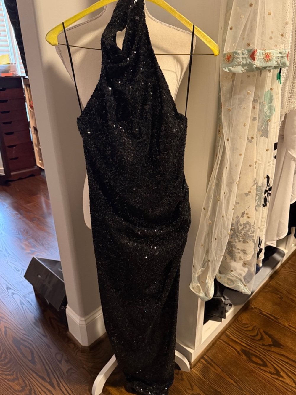 Amanda Uprichard Black Sequin Halter Backless Gown